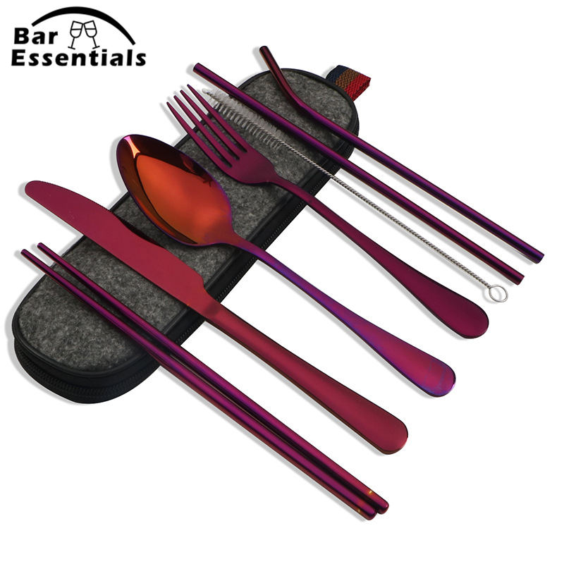 Kitchen Gadgets Set - 8ピース/セットステンレス鋼スプーンフォーク箸付きの再利用可能なトラベルカトラリーセットキャンプ用品セットポータブルストローケース