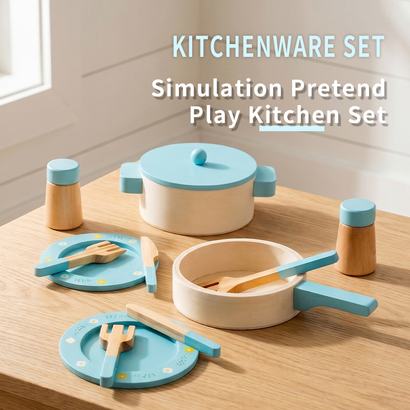 Kitchen Gadgets Kids - 子供用木製キッチンプレイセット、鍋、フライパン、調理器具、食器付きごっこ遊びキッチンおもちゃ、モンテッソーリ式ロールプレイキッチンおもちゃ
