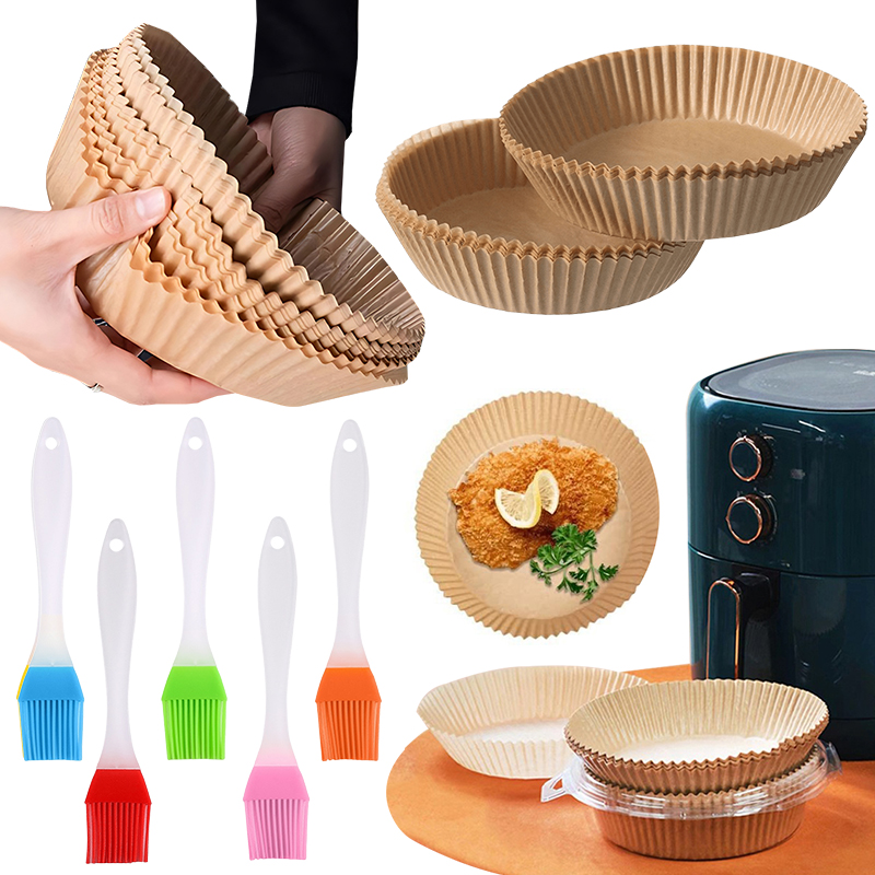 Kitchen Gadgets Set - 50/100枚入り エアフライヤー用紙皿 ランダムカラー オイルブラシ付き 16cm/18cm 使い捨て