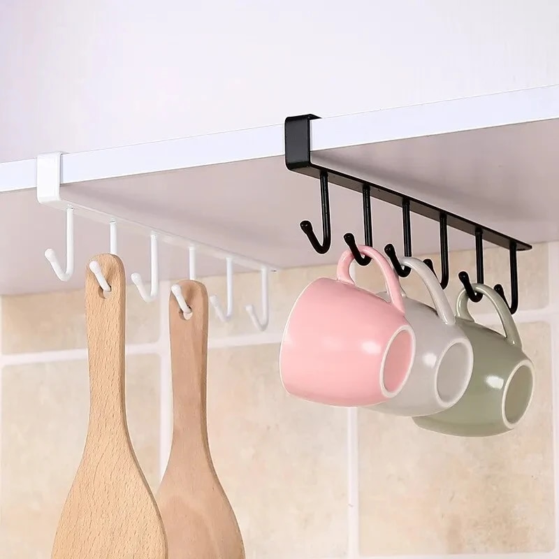 Kitchen Gadgets Cabinet - 6 フックコーヒーカップマグホルダー黒、白フック棚多機能キッチンキャビネット雑貨オーガナイザー収納ハンガー